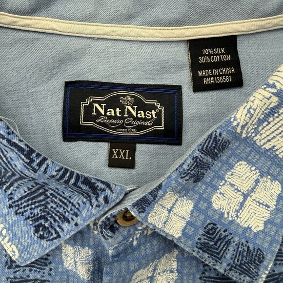 Nat Nast Mens XXL Blue White Silk Blend Geometric Short Sleeve Button Up Shirt - Picture 5 of 7